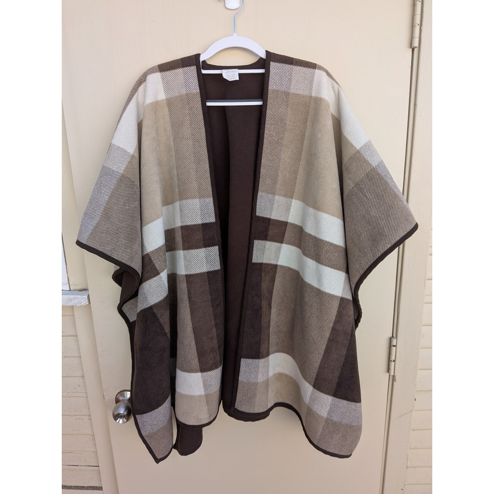 Woolrich Buffalo Plaid‎ Reversible Poncho Cape Brown Tan Cream